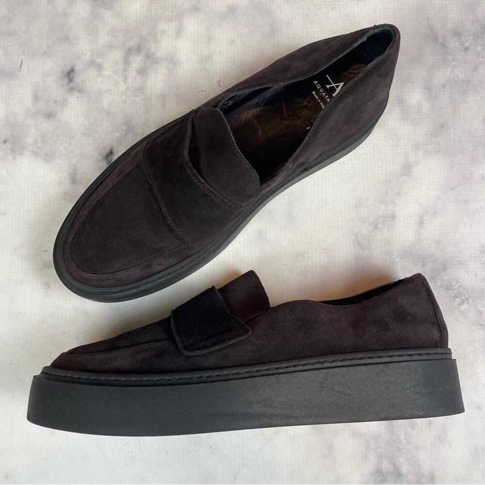 Aquatalia Brown Suede Flatform Loafers Weatherproof Modern Classic Sz 40/ 9-9.5
